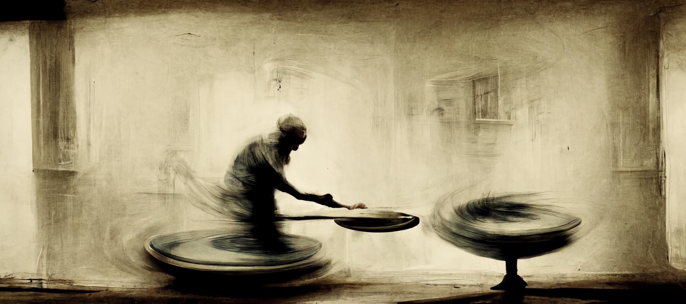 An AI image of a person spinning multiple plates akin to a person being distracted by too many ideas