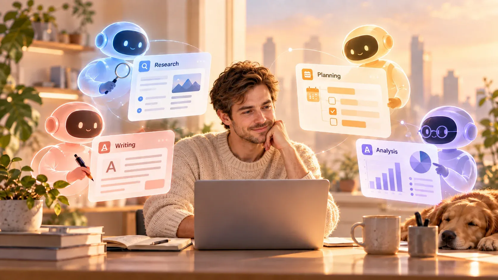 A man at a sunlit desk works on a laptop while four small glowing AI robots help with Research, Writing, Planning, and Analysis; a golden retriever sleeps nearb