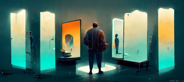 An AI image of a man looking a themself in the mirror