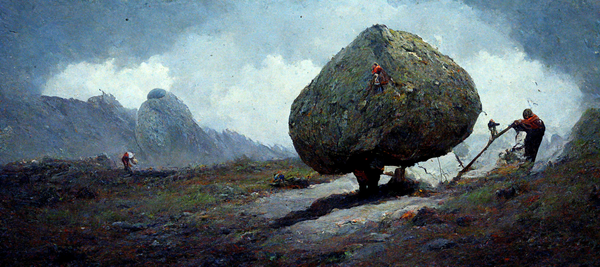 An AI image of a person lifting a boulder up a mountain