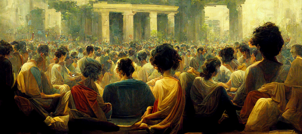 An AI image of a group of people listening to Socrates