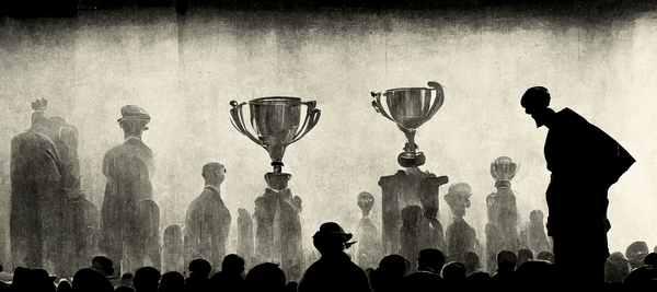 An AI generated image of a person looking at others collecting trophies.